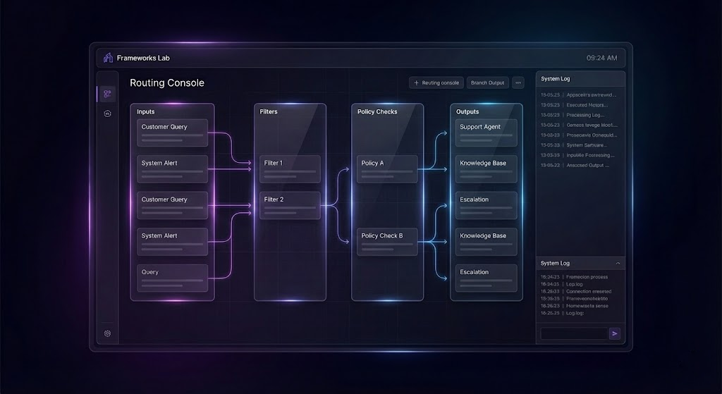 Frameworks Lab Routing Console showing inputs flowing through filters and policy checks to outputs